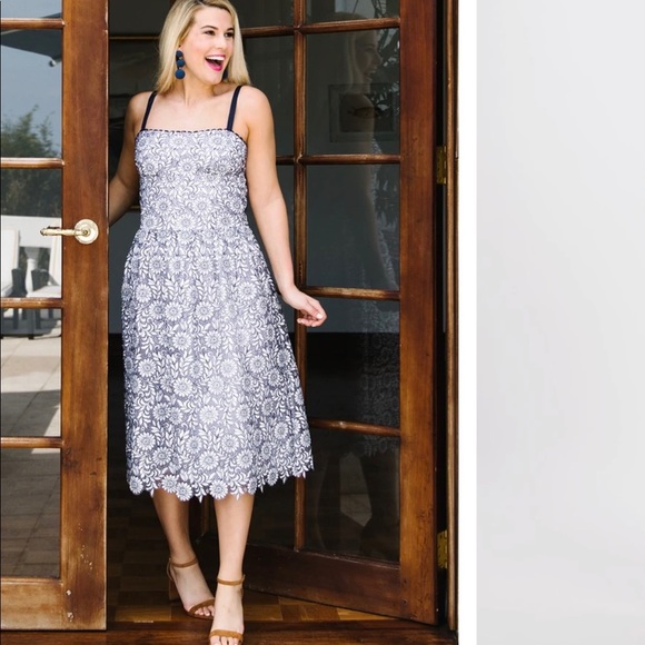 Draper James Dresses & Skirts - Draper James Navy Blue White Floral Lace Spaghetti Strap Tea Length Dress